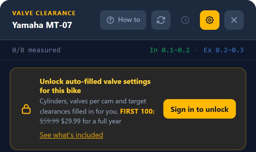 Valve clearance tool for the Yamaha MT-07 without Pro, showing the unlock banner above the manual settings